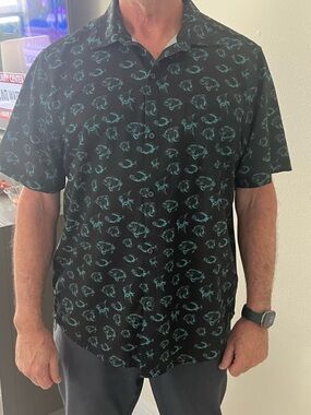 Tommy Bahama Black Short-Sleeve Button-Down with Teal Fish Print